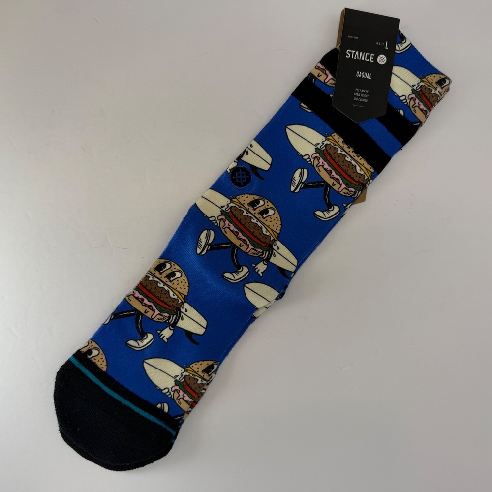Stance Sandy Crew Socks Mens Large Blue Surfing Burger Graphic A555A22SAN X-0011
